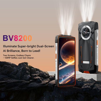 Blackview BV8200 õuenutitelefon, 170-luumenine taskulamp, kahe ekraaniga, Helio G100 36GB+256GB, 6,5'' 120Hz 2.4K FHD+, 50MP kaamera, IP68 Android 14 vastupidav telefon ilma lepinguta, NFC oranž