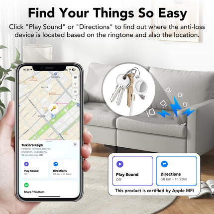 Õhus jälgiv kiip, võtmeleidja, mis ühildub Apple Find My? rakendusega (ainult iOS, Android ei ole toetatud), 100dB heli, Bluetooth-jälgija pagasi/kottide/kohvrite jaoks, esemete leidja vahetatavate patareidega - valge (1 pakk)