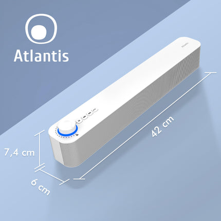 Atlantis Soundbar PC 20W, arvutikõlar, 3,5 mm pesa + Bluetooth 5.3 nutitelefonile, FireTV-le, plaadimängijale, 2400 mhA aku, FM-raadio, arvutikõlar, kaasaskantav, teler, nutitelefon 420x60x74 mm P003-C0820-B
