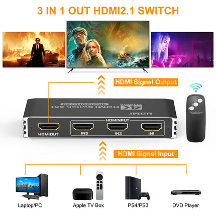 HDMI-lüliti 3 sisse 1 väljund 4K@120Hz HDMI-jaotur Automaatne 4K HDMI-jaotur kaugjuhtimispuldiga, HDMI-lüliti toetab 40Gbps Dolby HDCP2.3 3D HDR-i VR-i, Fire TV, Stick UHD TV, PS4, Xbox DVD, Blu-Ray jaoks