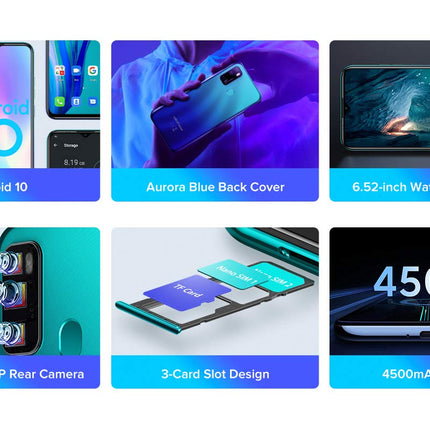 Ulefone Note 9P Smartphone Android 10, 6.52'' Mobile Phone without Contract 16MP Quad Camera, Octa-Core 4GB + 64GB, 3-Card Slot, Dual-SIM, 4500mAh Battery OTG, Face Unlock + Fingerprint Aurora