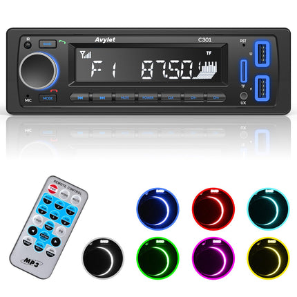 Autoraadio Bluetooth 5.0, Avyleti autoraadio Bluetooth käed-vabad süsteemiga, 7 värvi FM-autoraadio 1 DIN koos 2 USB/AUX/mälukaardi/MP3-mängijaga