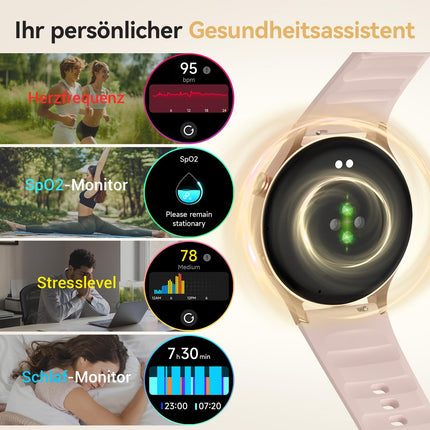 Naiste nutikell ümmargune telefonifunktsiooniga - 1,32-tolline AMOLED-ekraan, fitnesskell 110+ spordirežiimi ja 3ATM-iga, naiste ja meeste kellad iOS/Androidile, sammulugeja, pulsimõõtja/SpO2/unemonitoriga - roosa