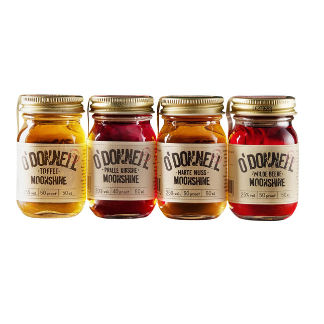 O'Donnell Moonshine'i kinkekomplekt (klassikaline) Berliinis valmistatud - 4x premium-likööri originaalpurkides (mini) – kingitused meestele ja väikesed jõulukingid – degusteerimiskomplekt viski- ja napsisõpradele