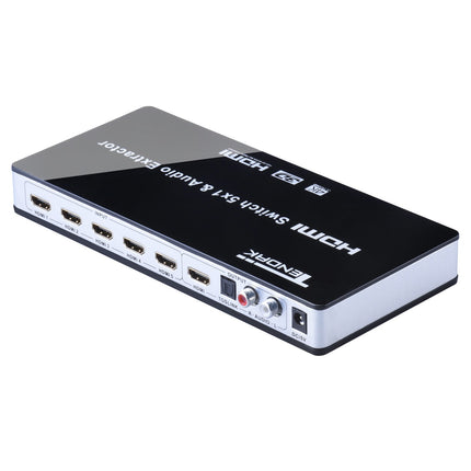 Tendak HDMI-lüliti, HDMI-lüliti 4K 5-pordiline HDMI-jaotur, HDMI-lüliti 5:1 SPDIF-i ja L/R-heli ekstraktoriga, kaugjuhtimispuldiga, toetab ARC UHD 3D-d