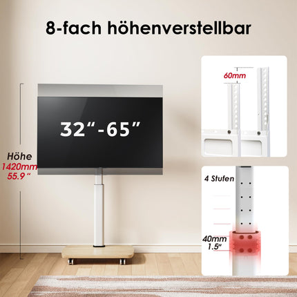 AOKCOS telerialus rataste ja puidust riiuliga, ratastel telerialus 32–65-tollistele teleritele, põrandaalus, reguleeritava kõrgusega, pöörlev, kuni 40 kg, max. VESA 400x400 mm (valge+naturaalne)
