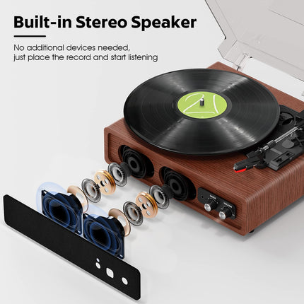 Record Player, FYDEE Vinyl Record Player with Built-in Stereo Speakers, Bluetooth Record Player with Transmitter, 3 Speeds 33/45/78 RPM, Supports RCA and AUX, Walnut