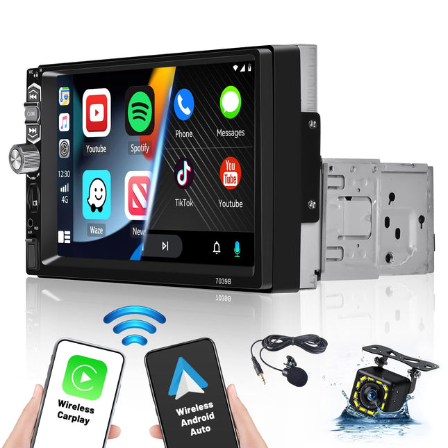 Hikity 7-tolline 1 DIN autoraadio Bluetooth koos Android Auto juhtmevaba Carplay autoraadio puutetundliku ekraaniga peegli lingiga Androidile/iOS-ile FM-raadio USB SWC TF tahavaatekaamera