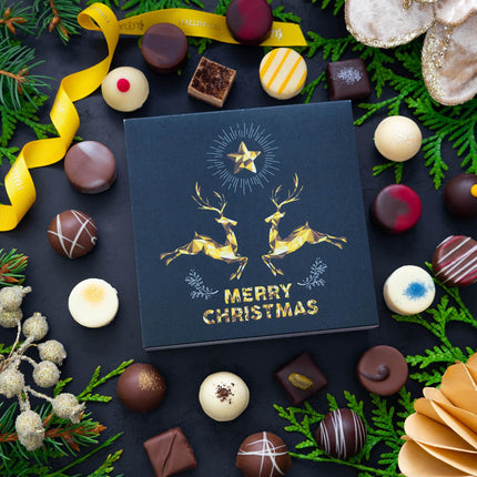Hallingersi Merry Christmas Golden Elks L - Tehasšokolaadid, jõulukingitus, käsitsi valmistatud alkoholivabast peenest kakaošokolaadist (karp) - emadepäevakingitus ja kingiideed isadepäevaks | Palju õnne