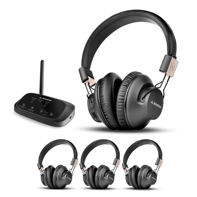 Avantree Quartet 2 – [uuendatud 2025. aastal] Bluetooth-ühilduv juhtmevaba grupikuulamissüsteem kõrvaklappide ja saatjaga pidudeks, vaikseteks diskodeks, teleri vaatamiseks – Mitmed kõrvaklapid madala latentsusega ja selge heliga