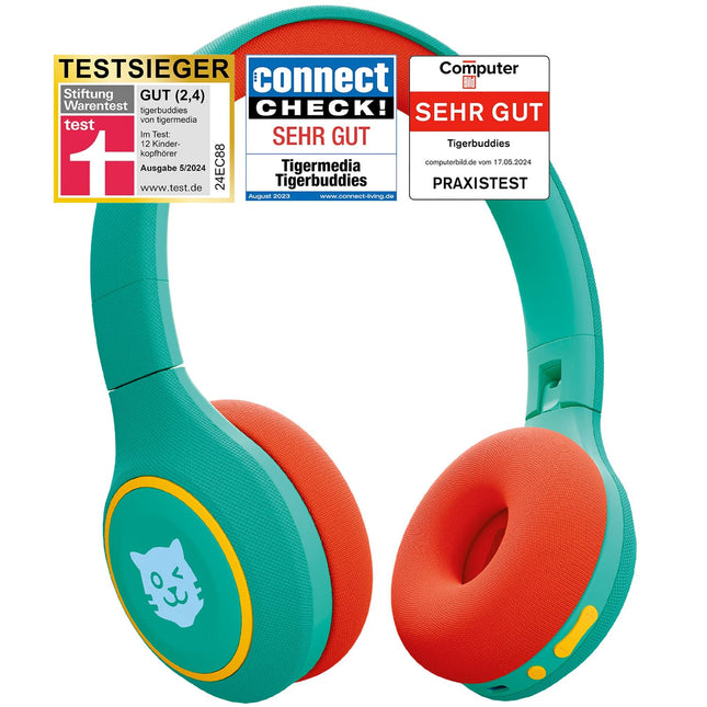 tigermedia tigerbuddies Bluetooth laste kõrvaklapid | Reguleeritav sobivus ja pehmed padjad | Laste kõrvaklapid helitugevuse piirajaga | Pistik ja Bluetooth | 8 tundi juhtmevaba (roheline/oranž)