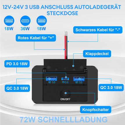 Daakro 72W USB laadimispesa 12V autolaadija kahekordse QC3.0 USB ja PD3.0 C-tüüpi mobiiltelefoni kiirlaadija veekindel lülitiga 12V/24V haagissuvilatele, autodele, mootorratastele, veoautodele