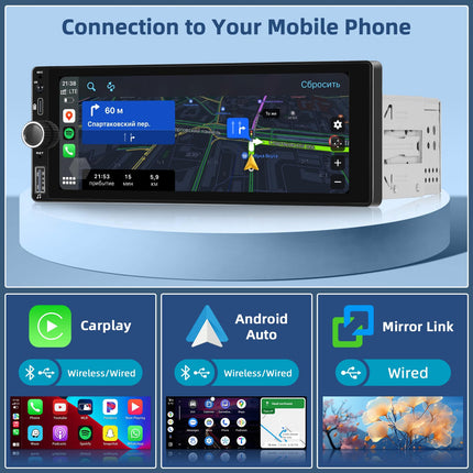 2 GB + 64 GB 1 DIN Android 13 autoraadio navigatsiooniga, juhtmevaba Carplay, Android Auto, 6,9-tolline ekraan, raadio, Bluetooth, peegliühendus, WiFi, FM/RDS/EQ/USB, roolilt juhtimine, tahavaatekaamera