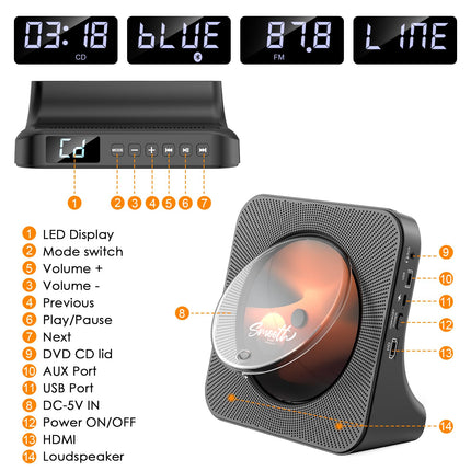KOVCDVI DVD-mängija HDMI-ühendusega, DVD-mängija telerile, Bluetooth-kõlari ja puldiga, tolmukattega ekraaniga, FM-raadio, taimeriga, USB-taasesitus, AUX-taasesitus, kõrvaklappide pesa, must