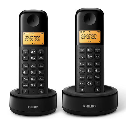Philipsi juhtmeta telefon D1602B/01 Duo - DECT-telefon 2 komplektis - kodutelefon 1,6-tollise ekraaniga - telefoniraamat ja helistaja ID - leviala 300 m - helitugevuse regulaator - plastik - must