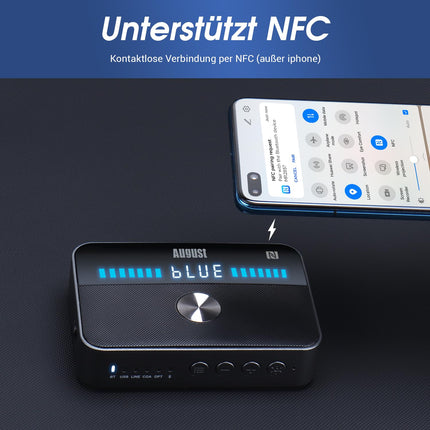 August MR285 Bluetooth 5.3 saatja-vastuvõtja akuga AUX RCA optilise koaksiaalkaabli, USB-pordi ja Bluetooth HiFi heliadapteri jaoks, millel on NFC mitmepunktiline helitugevuse reguleerimise möödaviik kahe kõrvaklapi, teleri, arvuti, auto jaoks