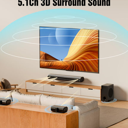 Hiwill 5.1-kanaliline teleri heliriba, Dolby Atmos ruumilise heli süsteem, 2 juhtmega ruumilise heli kõlarit, 5,25-tolline subwooferiga teleri heliriba, selge hääl, 380 W tippvõimsus, HiElite A51