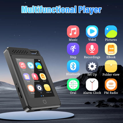 BOOTEEK MP3-mängija, sisseehitatud 64 GB ja 2,4-tollise puutetundliku ekraaniga, kaasaskantav muusikapleier Bluetooth 5.0 HiFi MP3-mängijaga, kõlariga/e-raamatu/video/FM-raadio/salvestiga, TF-kaart, laiendatav kuni 128 GB-ni