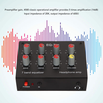 Reguleeritav 7-ribaline ekvalaiser, DC 5-12V 7-ribaline ekvalaiser autovõimendi 3,5 mm liidesega, sagedusvahemikud 60Hz/150Hz/400Hz/1KHz/3KHz/6,5KHz/15KHz (EL-pistik)
