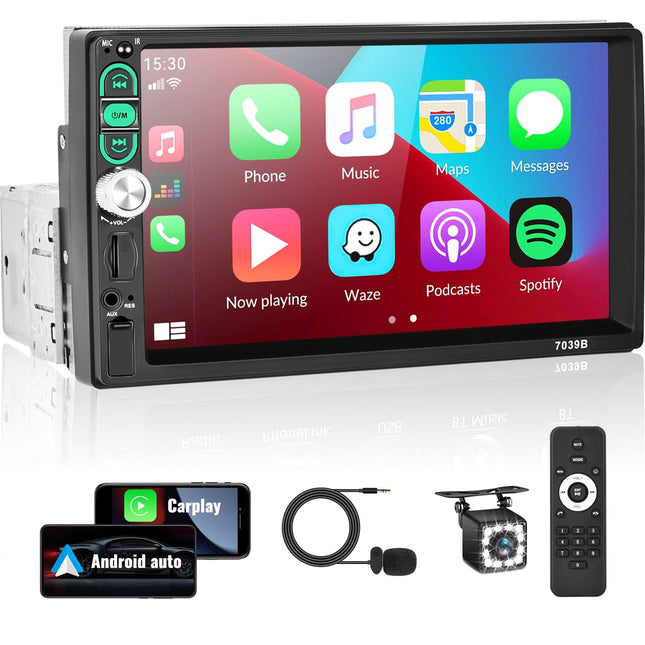 SIXWIN Single Din Apple CarPlay Android Auto Car Radio 7 Inch Screen Touchscreen Bluetooth FM Radio, Mirror Link/USB/AUX/TF Card Input with Rear View Camera, Microphone, Remote Control