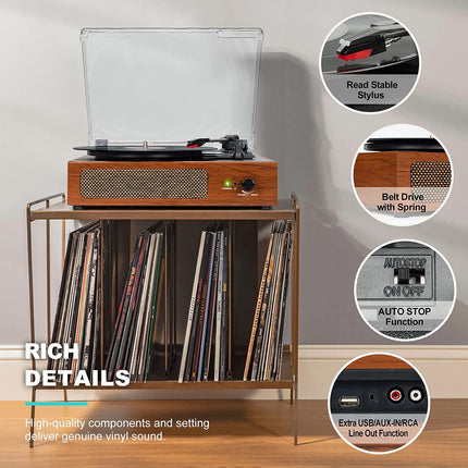 Record player with speakers, wireless LP phonograph with built-in stereo speakers, 3-speed belt drive, record player with speakers, Bluetooth, retro yellow