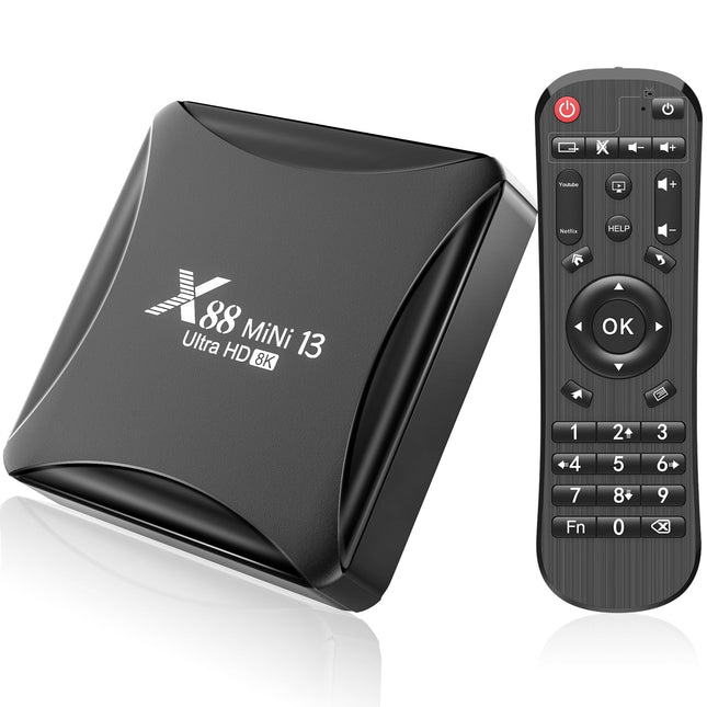 Android TV Box 13.0, Android Box 4 GB RAM 32 GB ROM RK3528 neljatuumaline 64-bitine Cortex-A53 protsessor Toetab 2.4/5.0 GHz kahesageduslikku Wi-Fi 10/100M Etherneti USB 2.0 HD 8K