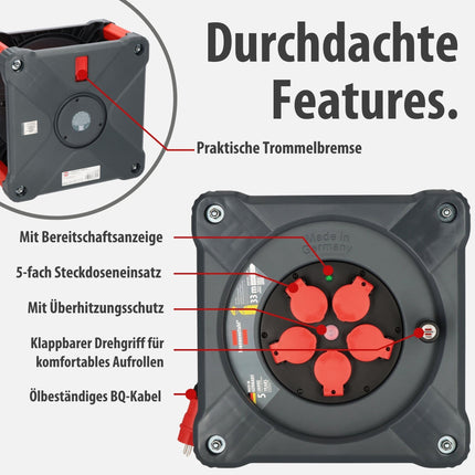 Brennenstuhl Professional Construction Site Cable Reel KA 3110 5 IP44 (33m H07BQ-F 3G1.5 cable in red, for construction site use and permanent outdoor use, 5 earthed sockets, Made in Germany)