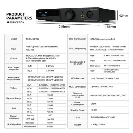 SMSL DO400 täielikult tasakaalustatud DAC kõrvaklapivõimendi, ES9039MSPRO XMOS-XU316 USB MQA DAC Bluetooth 5.1/USB/AES/Opt/Coax/IIS sisend 4.4mm/6.35mm/4-XLR väljundvõimendi kaugjuhtimispuldiga (hõbedane)