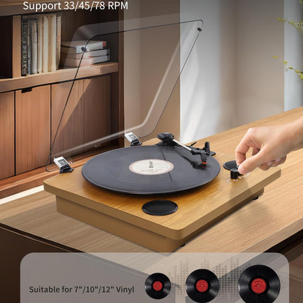 VIFLYKOO Record Player, Bluetooth Record Player with 2 Stereo Speakers, 3-Speed ​​33/45/78 rpm, Retro Record Player Supports Vinyl to MP3/Headphone Jack/AUX Input/RCA Output