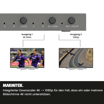 HDMI Matrix 4x2 lüliti – Marmitek MS420 – 4K 60Hz – 4 sisendit 2 väljundit – ARC – Optiline väljund – Integreeritud heliekstraktor – Allaskaleerija – HDR – 4:4:4 – Dolby Audio ja DTS:X – EDID