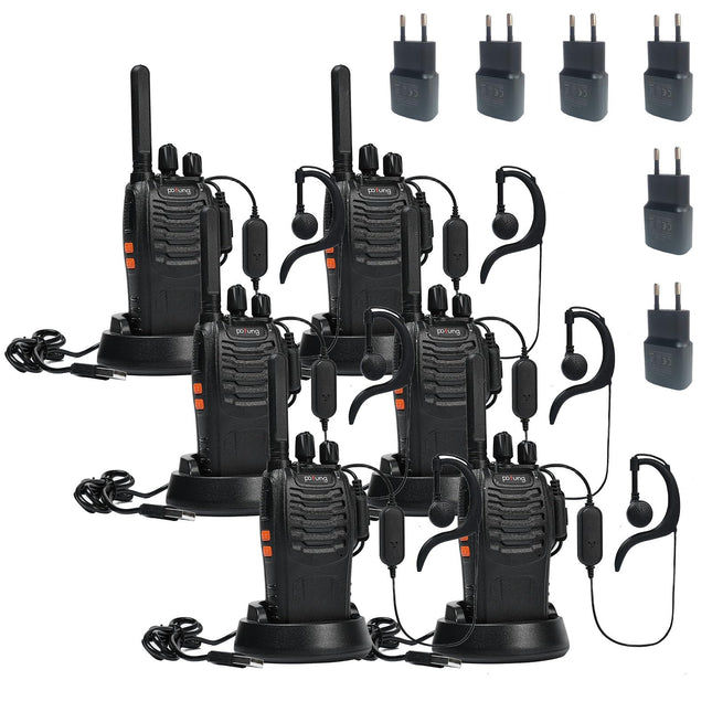 Walkie Talkie PMR446 License-Free Two-Way Radio, Pofung PT88E 16 Channels Professional Rechargeable Long Range Walkie Talkies with EU Charger and Earpieces Black 6 Pack