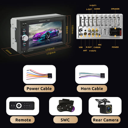 Car radio 2 Din with Bluetooth hands-free system IOS/Android Mirror Link 6.2 inch touchscreen car radio double Din with Bluetooth FM/USB/AUX/EQ/TF steering wheel control + rear view camera remote control