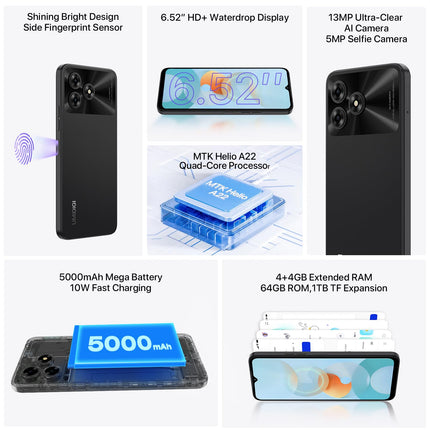 UMIDIGI G5A lukustamata mobiiltelefon, 8 GB + 64 GB/2 TB TF, SIM-kaardita telefonid, 5000 mAh, 6,52 tolli HD+, kahe SIM-kaardiga 4G nutitelefon ilma lepinguta, 13 MP + 5 MP, Android 13 mobiiltelefon