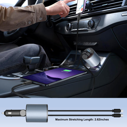 4-in-1 Retractable Car Charger, Fast Car Phone Charger with 69W Retractable Cable and 2 USB Ports Car Charger Adapter Compatible with Phone 15/14/13/12 Pro Max XR, iPad