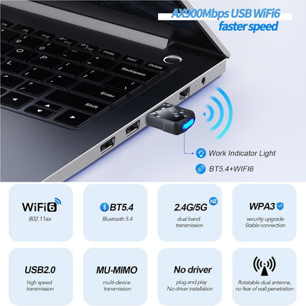 【2-ühes】 USB WiFi-pulk arvutile ja 5.4 Bluetooth-adapterile, AX900 WiFi6 USB WiFi-adapter kahesageduslik 2.4GHz/5GHz sisemine antenn 5dBi ühildub Windows 11/10/8.1/8/7-ga, arvuti/lauaarvuti/sülearvuti jaoks