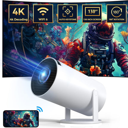 Miniprojektor 4K 1080 toega, kaasaskantav projektor 180° pöörlemisega, 130-tolline ekraaniga filmiprojektor, automaatne trapetsikorrektsioon, ühildub arvutite, mobiiltelefonide ja kodukino videotega