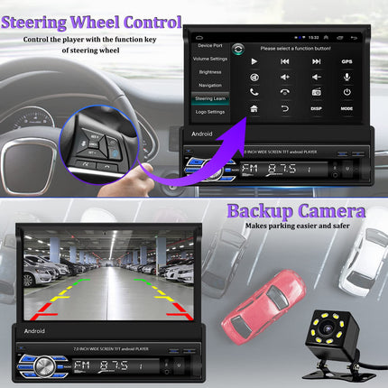 CAMECHO DAB+ Android autoraadio 1 DIN navigatsiooniga, 7-tolline pikendatav ekraan Bluetoothi ​​ja vabakäesüsteemiga, peegliühendusega, AUX-sisendiga, FM-ühendusega, USB-ga, tahavaatekaamera ja mikrofoniga.