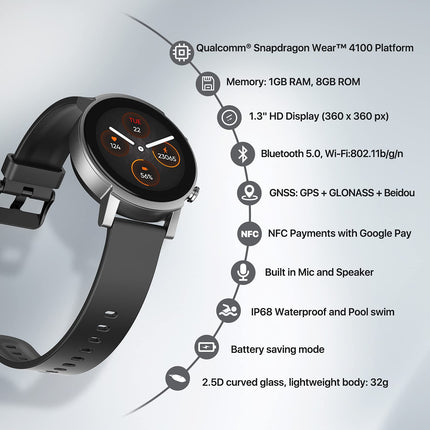 Ticwatch E3 nutikell meestele Wear OS by Google koos Qualcomm Snapdragoniga Wear 4100+ kahesüsteemne platvorm Google Pay GPS Pulsisageduse jälgimine Stressijuhtimine iOS-i ja Androidiga ühilduv