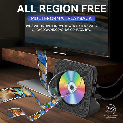 Qoosea DVD-mängija telerile, lauaarvuti DVD/CD-mängija koju, Bluetooth-kõlaritega, ekraaniga, äratuskellaga, FM-raadio ja CD-mängijaga, USB-kaardi taasesitusega, kaasas kaugjuhtimispult, HDMI- ja AV-kaabel