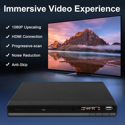 JOVELL kompaktne HD DVD-mängija telerile HDMI AV-väljundi ja kaabliga, 1080P DVD-CD-mängija USB-sisendiga, kõik piirkonnad vabad, veaparandus, integreeritud PAL NTSC süsteem (must DVD-168)