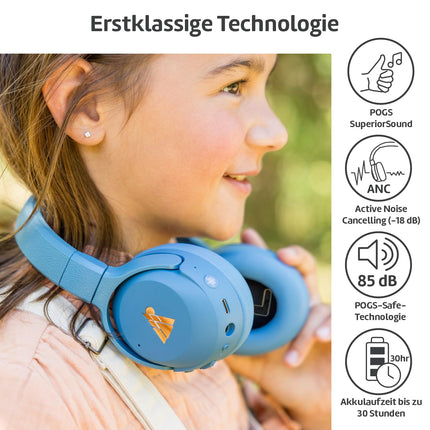 POGS juhtmevabad Bluetooth-kõrvaklapid mürasummutusega | The Turtle | Kokkupandavad vastupidavad kõrvaklapid | 85 dB helitugevuse piirang, mikrofon | Juhtmevaba muusika jagamine (sinine)