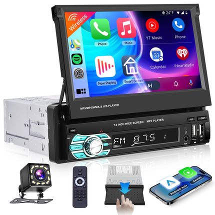 Podofo juhtmevaba Carplay autoraadio 1Din 7-tollise pikendatava ekraaniga, manuaalse ekraaniga, juhtmevaba Android Auto, Bluetooth 5.1, FM, 2USB/AUX/SD/roolil juhtimine, tahavaatekaamera, roolil juhtimine