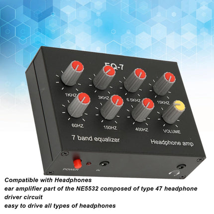 7-band car audio graphic equalizer, 3.5mm input interface Supports 4-pin plug, 5x gain, dual channel sound, 7-band sound equalizer