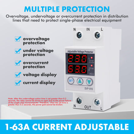 Jadeshay Power Protector, Intelligent Single-Phase Adjustable Overvoltage Undervoltage Current Protector 230VAC(63A)