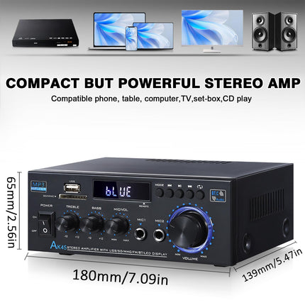 AK45 HiFi võimendi, stereovõimendi, 40W x 2 mini-audio vastuvõtja, 2-kanaliline Bluetooth 5.0 võimendi, digitaalne HiFi stereovõimendi, USB, SD, FM ja RCA-ga kodu- või autovarustuseks