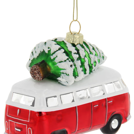 BRISA VW Collection - Volkswagen T1 Bulli Bus Christmas Ornaments &amp; Decorations made of Glass in Gift Box (Scale 1:40, Red with Tree)