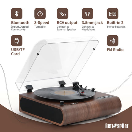 Retrospiler Record Player, 3-Speed ​​Bluetooth Turntable with Built-in Speakers, FM Radio, Vinyl MP3 Encoding, USB &amp; SD Playback, LED Screen, Wooden Retro LP Player