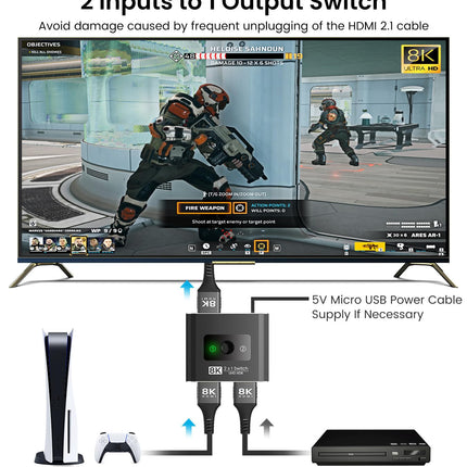HDMI 2.1 lüliti, 8K HDMI jaotur 4k 120hz UHD kiire 48Gbps HDMI lüliti kahesuunaline 2 sisendit 1 väljund või 1 sisend 2 väljundit, HDMI jaotur toetab HDCP 2.2 3D HDR-i Fire TV Stick UHD TV PS5 Xboxi jaoks