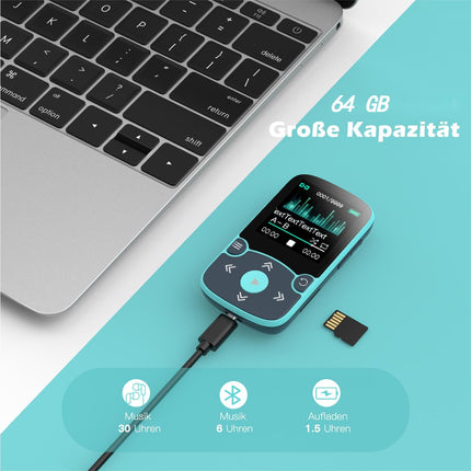 AGPTEK MP3-mängija Bluetooth 5.3 Sport 64GB 1,5-tollise TFT värvilise ekraaniga, mini-muusikamängija klambriga, toetab kuni 128GB SD-kaarti, sinine