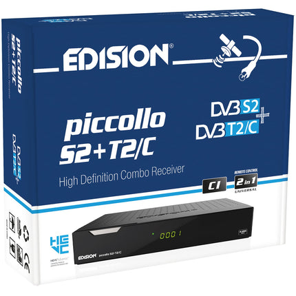 EDISION PICCOLLO S2+T2/C kombineeritud HD-vastuvõtja H.265/HEVC (DVB-S2, DVB-T2, DVB-C | ARD ja ZDF SD väljalülitusvõimalusega), Unicable'iga ühilduv, CI, 2x USB, HDMI, RCA, LAN, eelinstallitud Saksa kanalite nimekiri